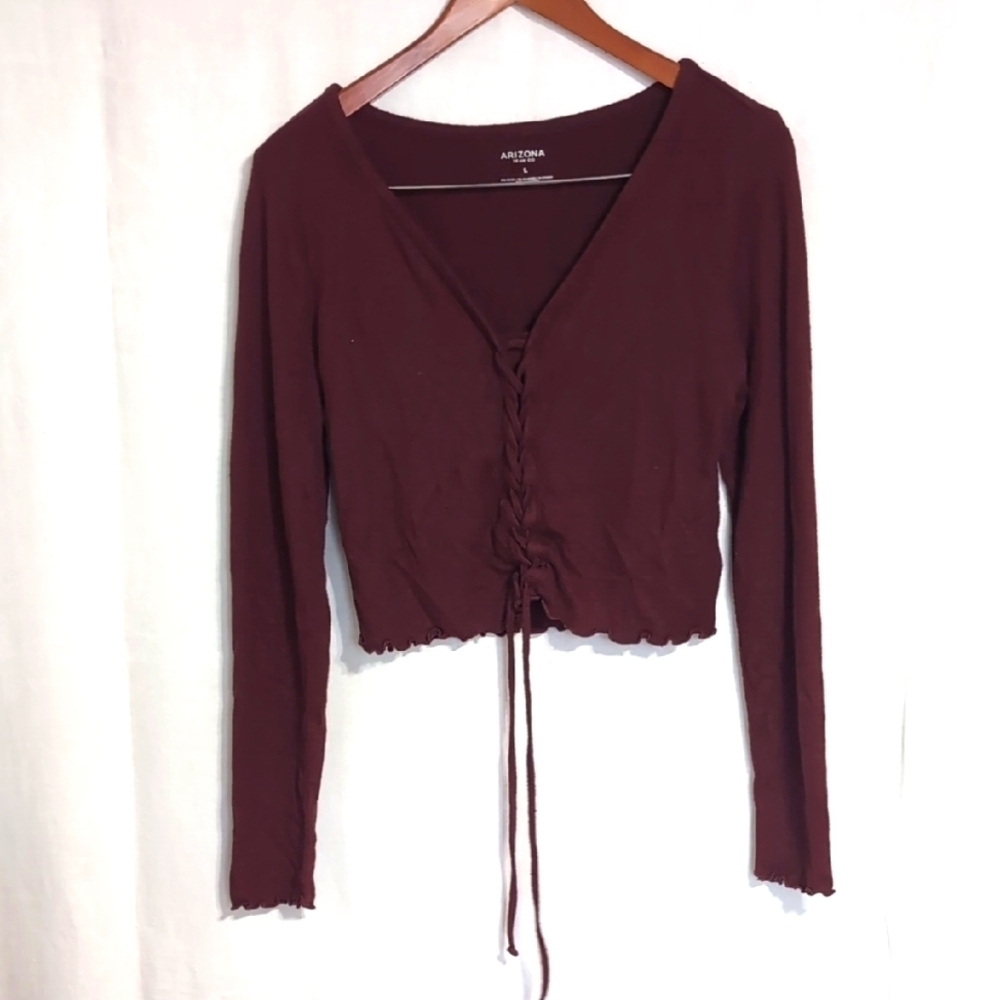 Arizona Jean Co. Maroon Lace Up Front Long Sleeve Crop Shirt Size Large - Picture 1 of 6